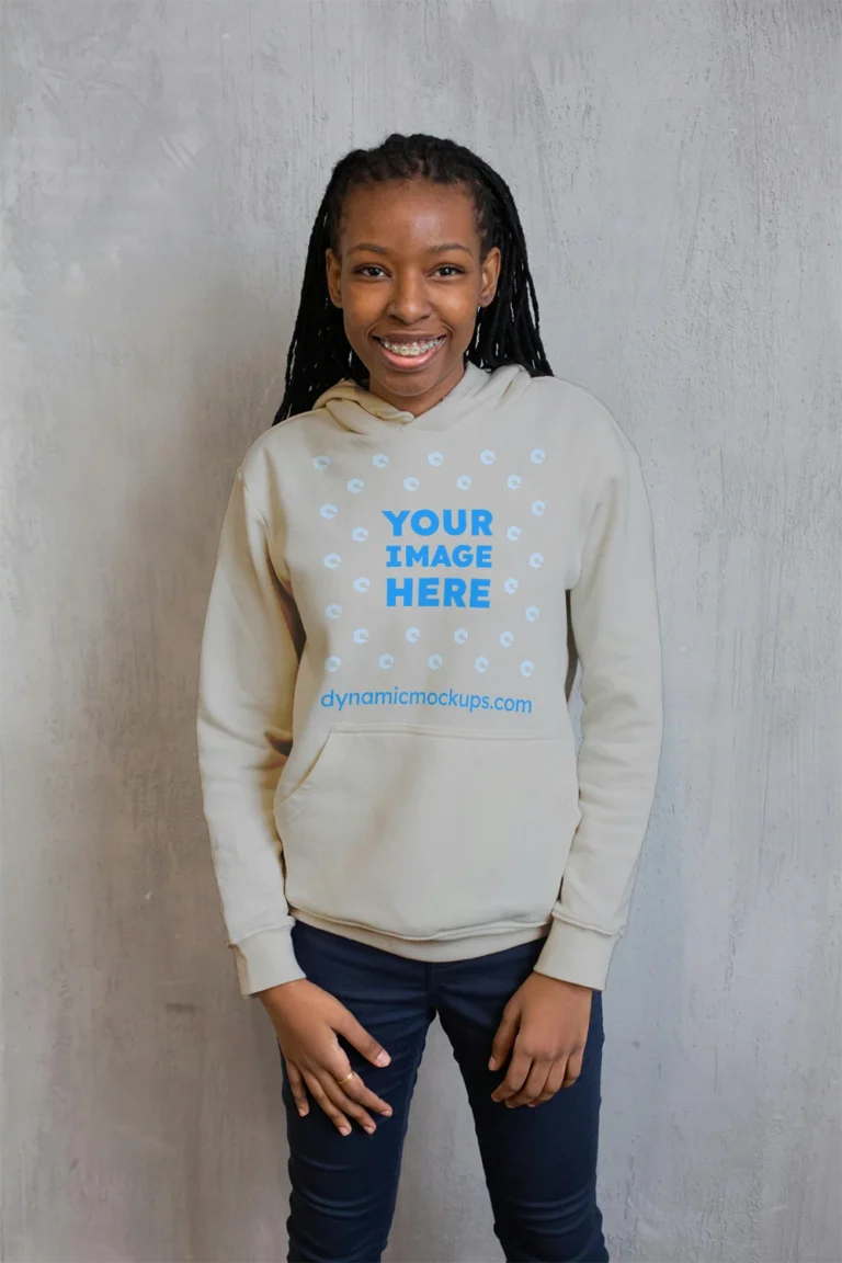 Girl Wearing Light Gray Hoodie Mockup Front View Template