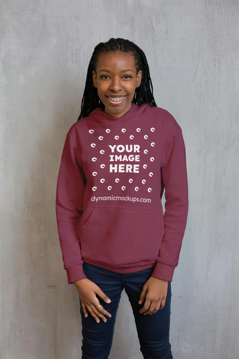 Girl Wearing Maroon Hoodie Mockup Front View Template