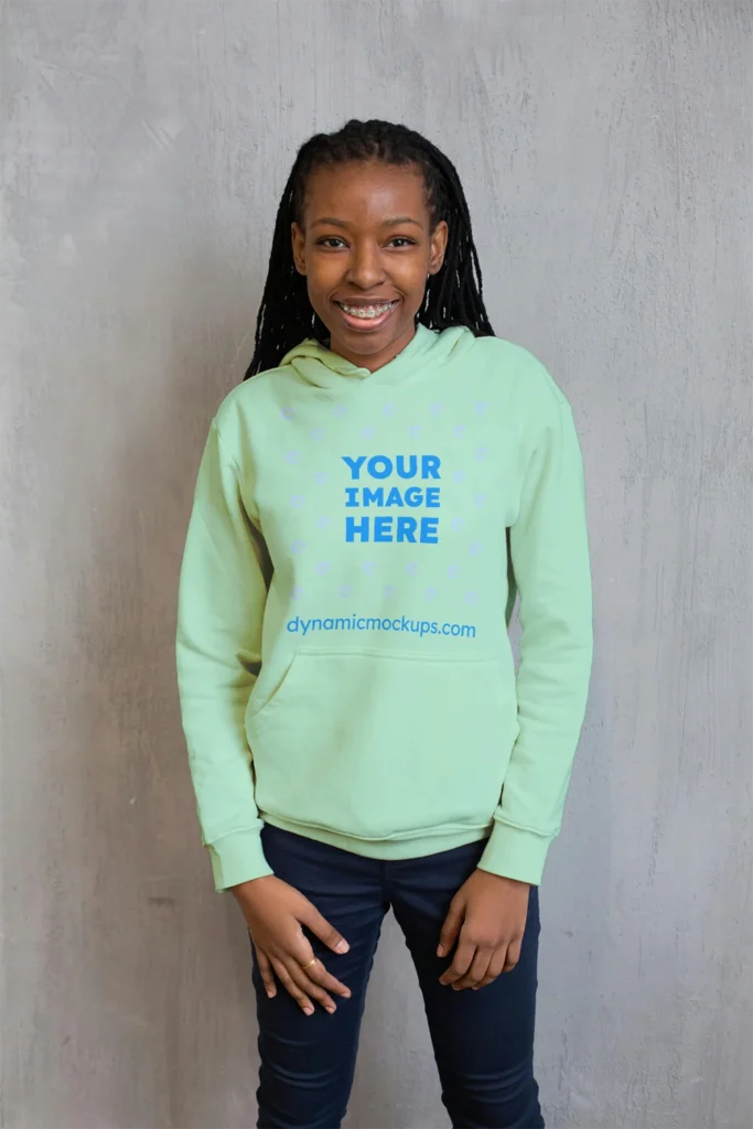 Girl Wearing Mint Hoodie Mockup Front View Template