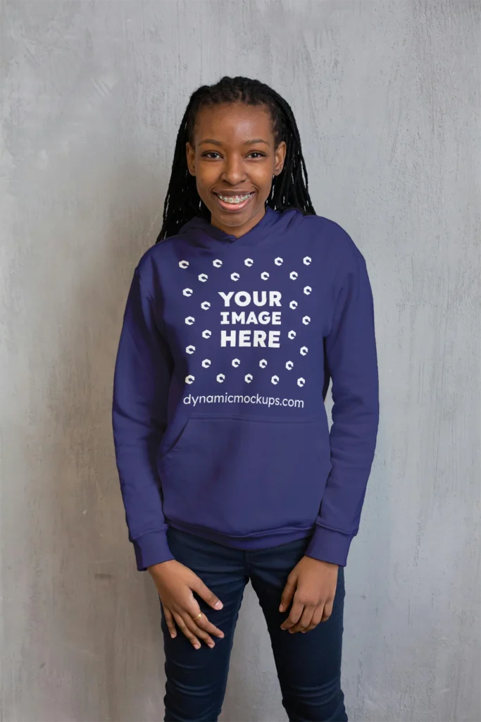 Girl Wearing Navy Blue Hoodie Mockup Front View Template