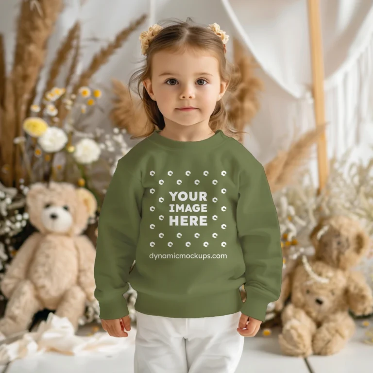 Girl Wearing Olive Green Sweatshirt Mockup Front View Template