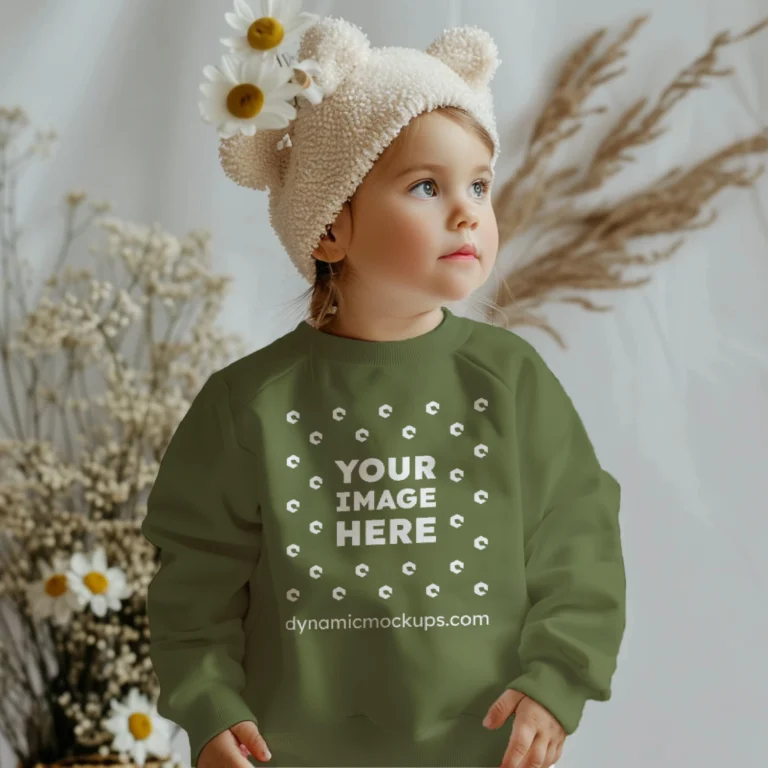 Girl Wearing Olive Green Sweatshirt Mockup Front View Template