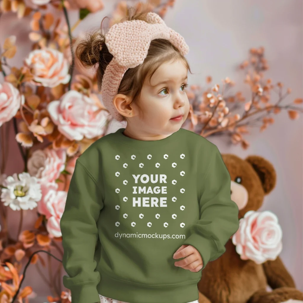 Girl Wearing Olive Green Sweatshirt Mockup Front View Template