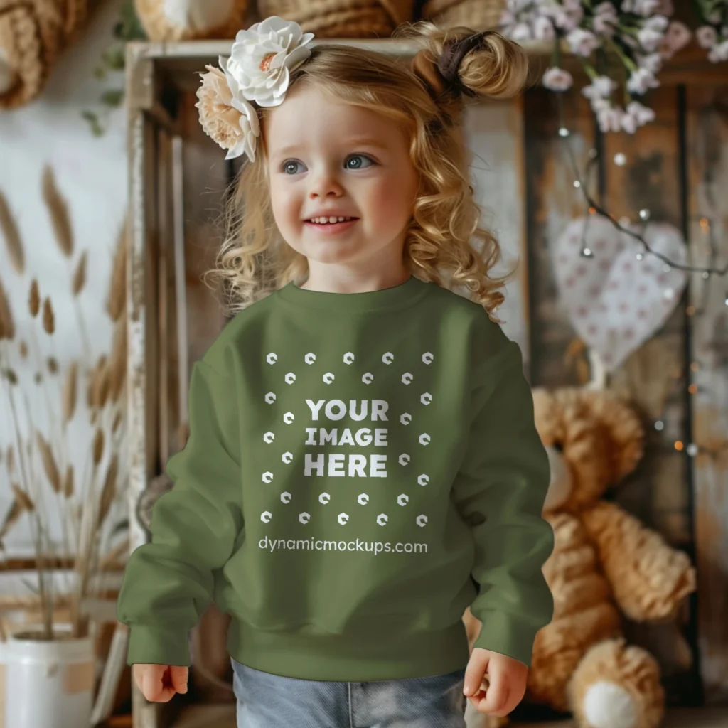 Girl Wearing Olive Green Sweatshirt Mockup Front View Template