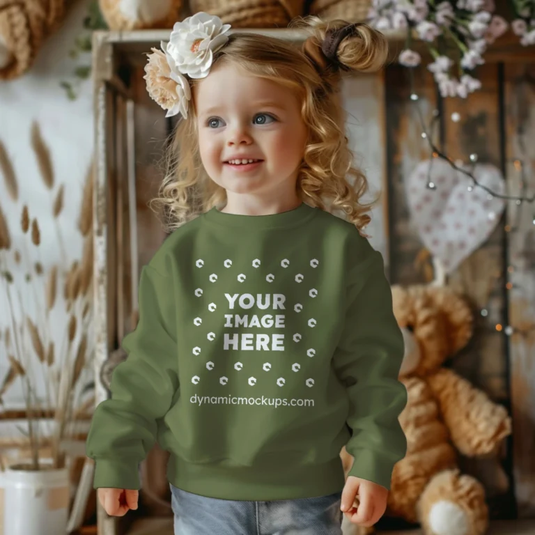 Girl Wearing Olive Green Sweatshirt Mockup Front View Template