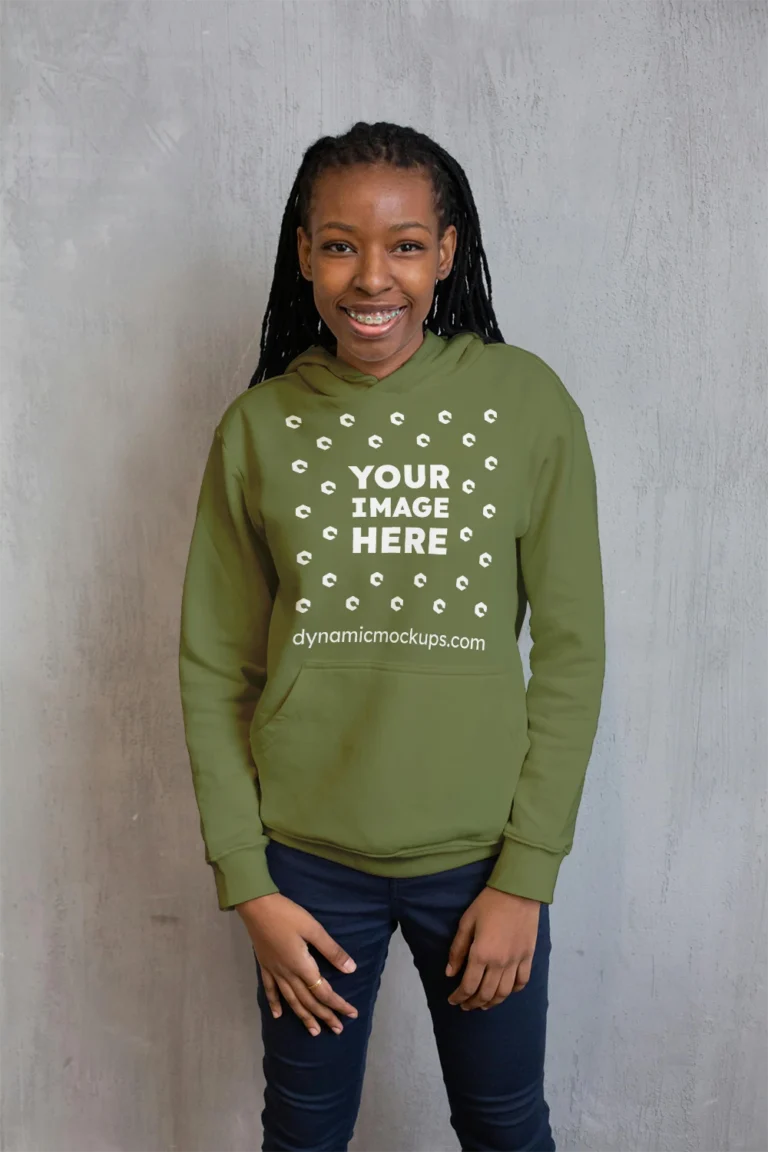 Girl Wearing Olive Green Hoodie Mockup Front View Template