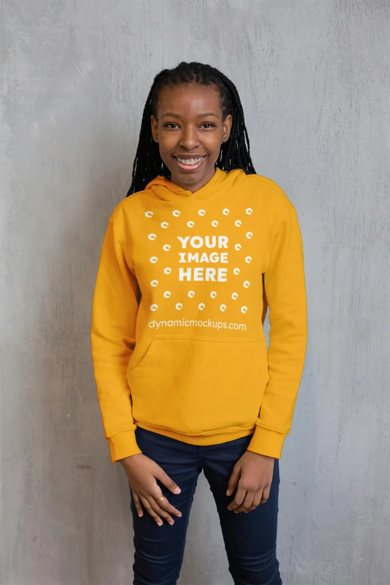 Girl Wearing Orange Hoodie Mockup Front View Template