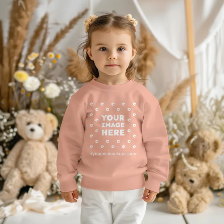 Girl Wearing Peach Sweatshirt Mockup Front View Template