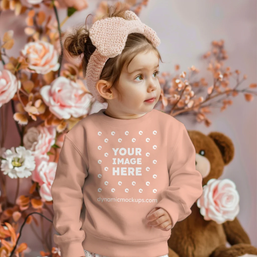 Girl Wearing Peach Sweatshirt Mockup Front View Template