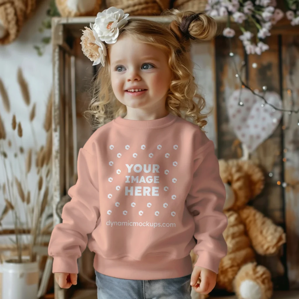 Girl Wearing Peach Sweatshirt Mockup Front View Template