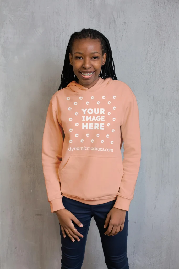 Girl Wearing Peach Hoodie Mockup Front View Template