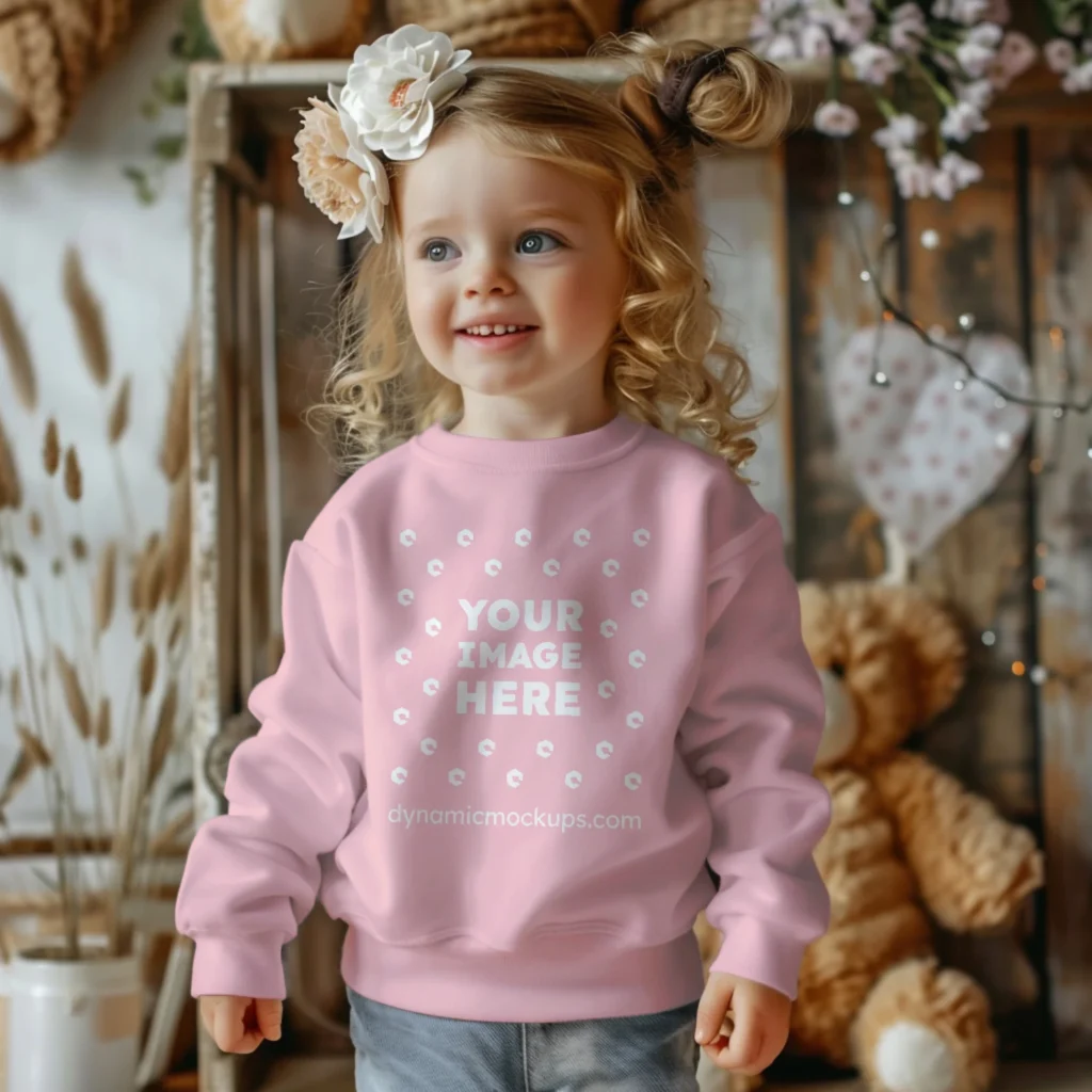 Girl Wearing Pink Sweatshirt Mockup Front View Template