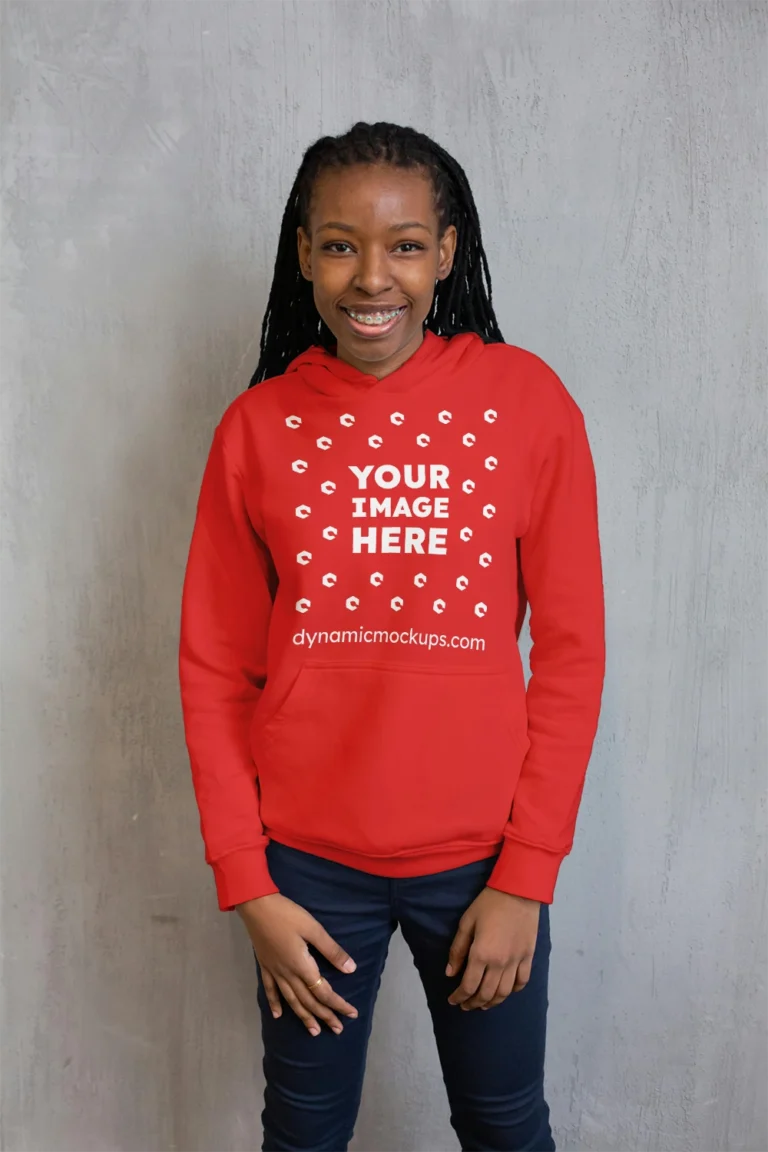 Girl Wearing Red Hoodie Mockup Front View Template