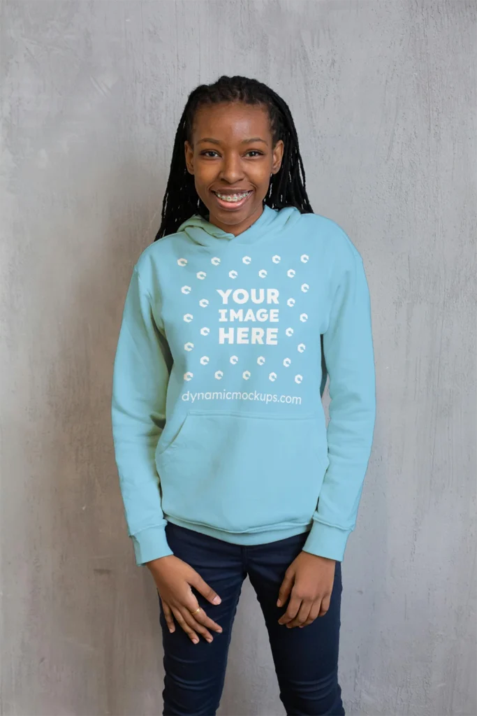 Girl Wearing Sky Blue Hoodie Mockup Front View Template