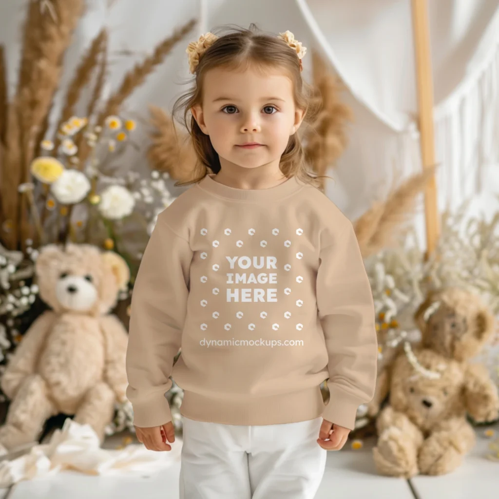 Girl Wearing Tan Sweatshirt Mockup Front View Template