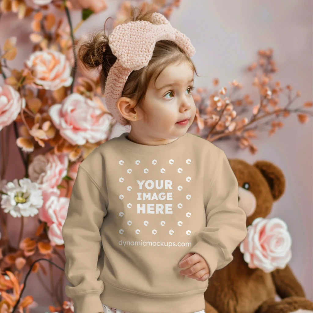 Girl Wearing Tan Sweatshirt Mockup Front View Template