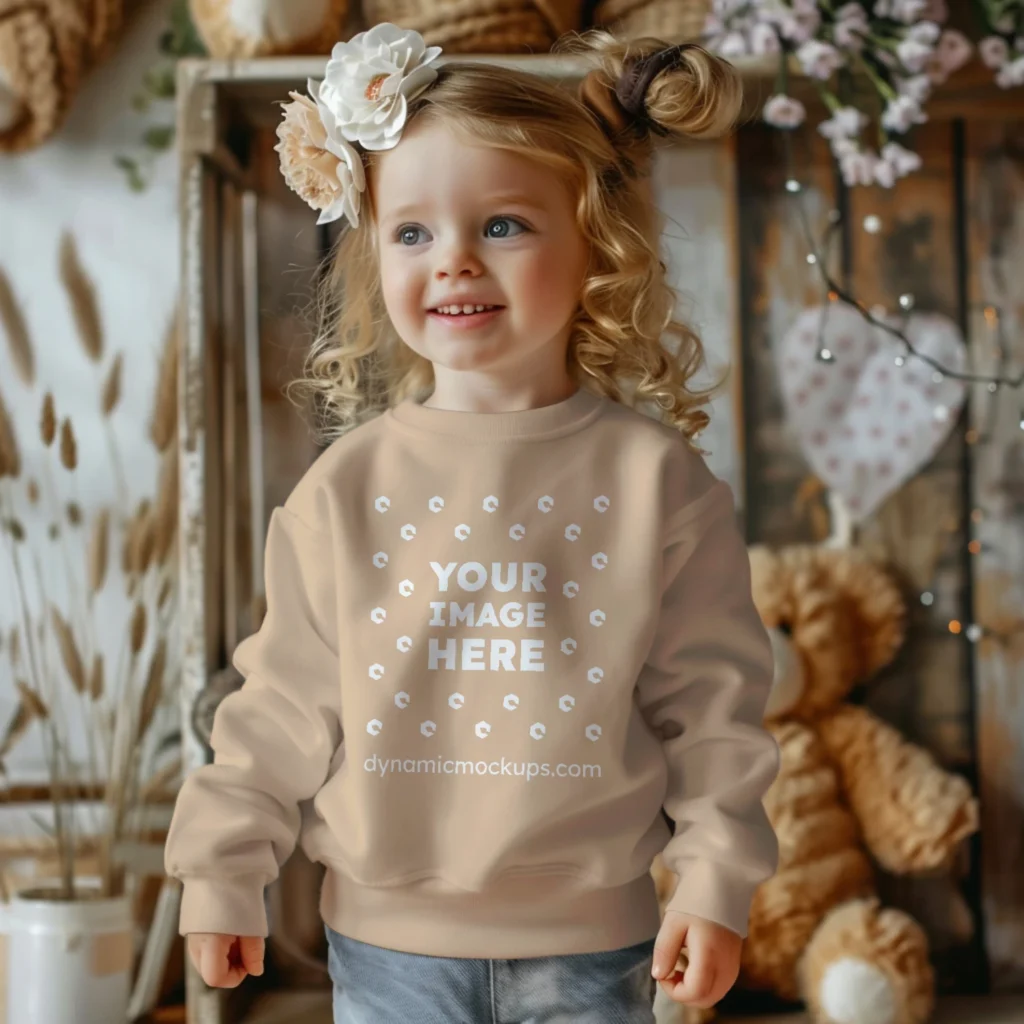 Girl Wearing Tan Sweatshirt Mockup Front View Template