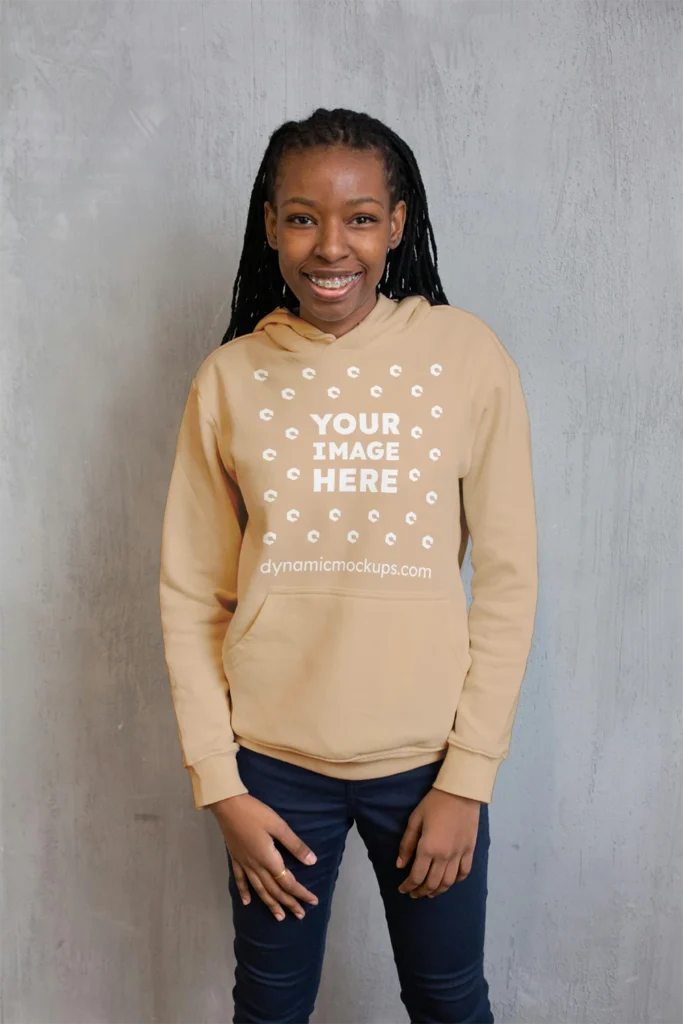 Girl Wearing Tan Hoodie Mockup Front View Template