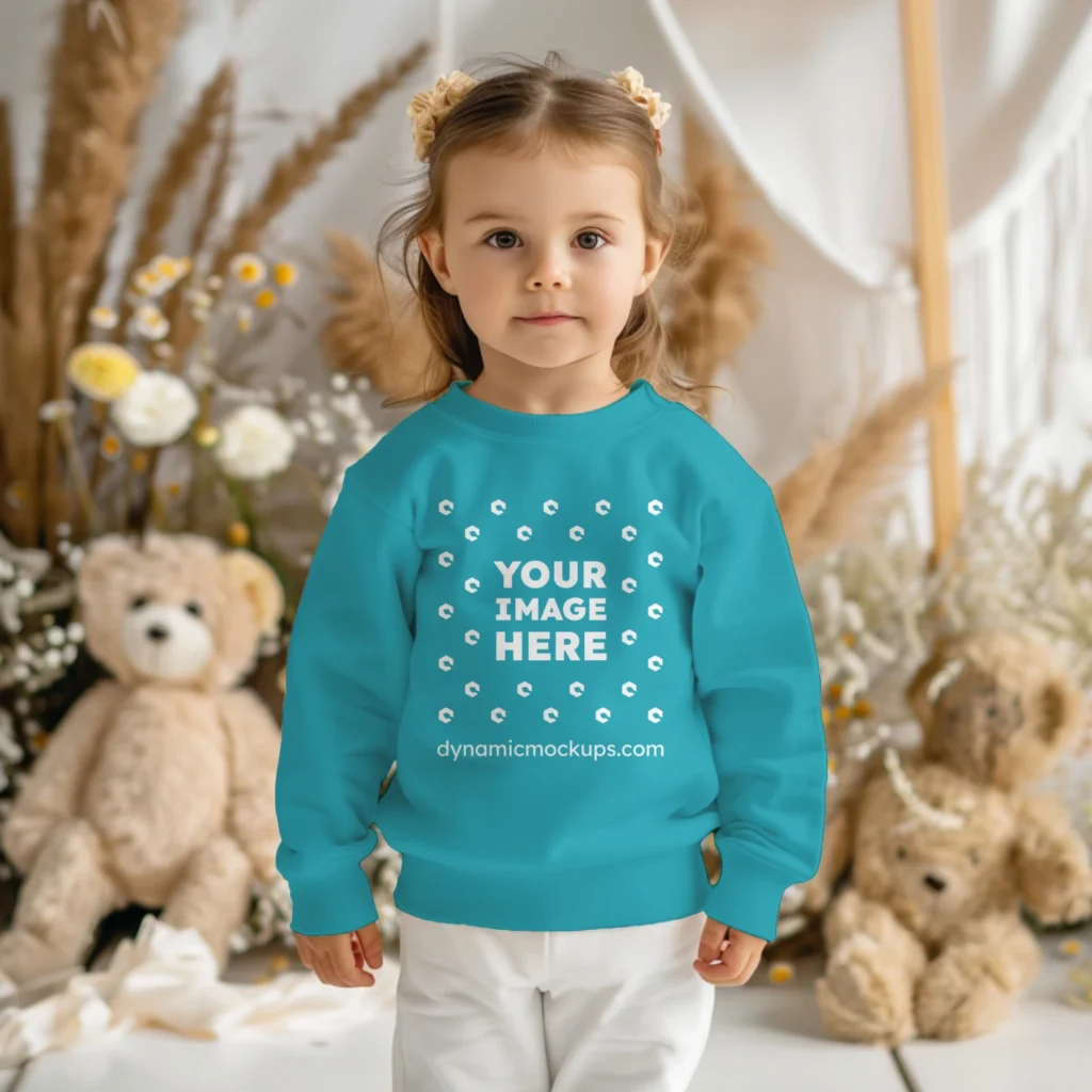 Girl Wearing Teal Sweatshirt Mockup Front View Template