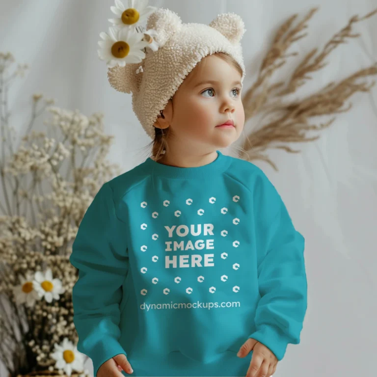 Girl Wearing Teal Sweatshirt Mockup Front View Template