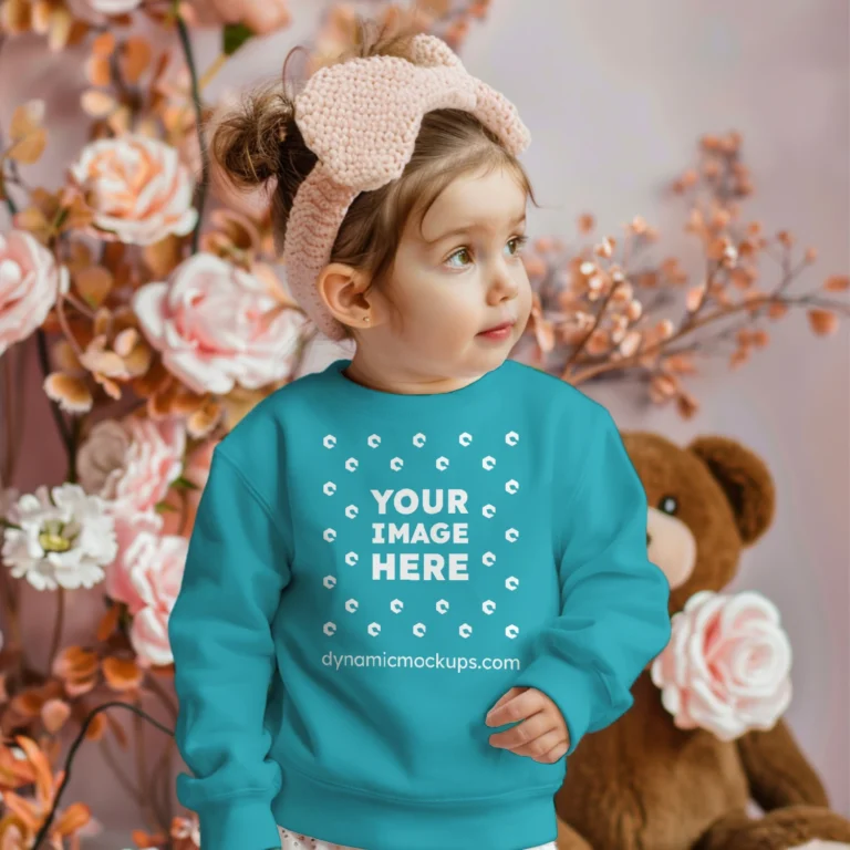 Girl Wearing Teal Sweatshirt Mockup Front View Template