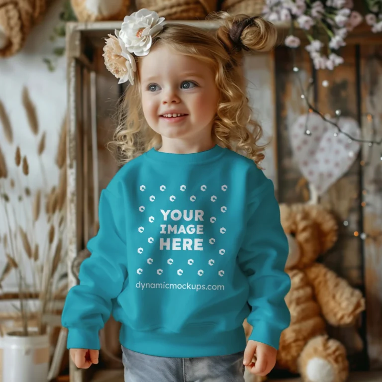 Girl Wearing Teal Sweatshirt Mockup Front View Template