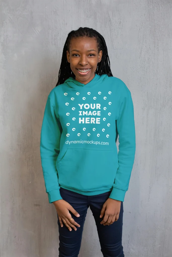 Girl Wearing Teal Hoodie Mockup Front View Template