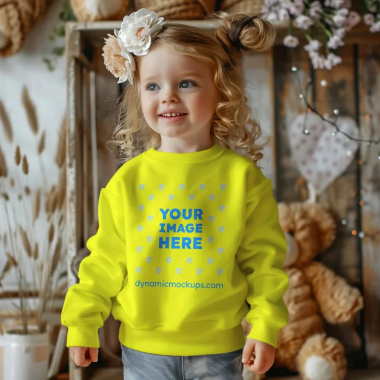 Girl Wearing Yellow Sweatshirt Mockup Front View Template