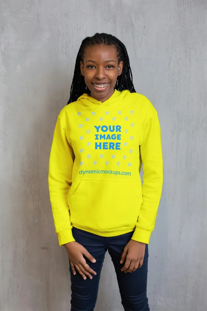 Girl Wearing Yellow Hoodie Mockup Front View Template