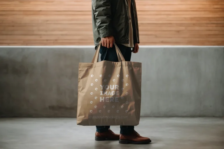 Man Holding Beige Tote Bag Mockup Side View Template