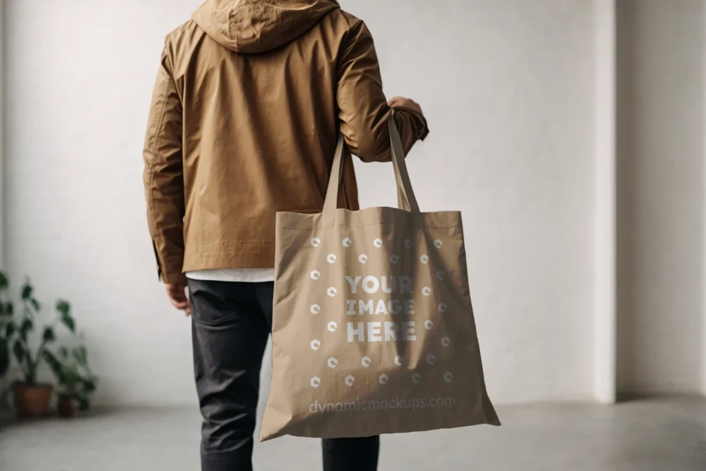 Man Holding Beige Tote Bag Mockup Back View Template