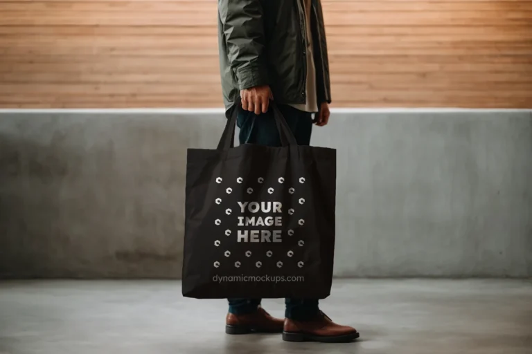 Man Holding Black Tote Bag Mockup Side View Template