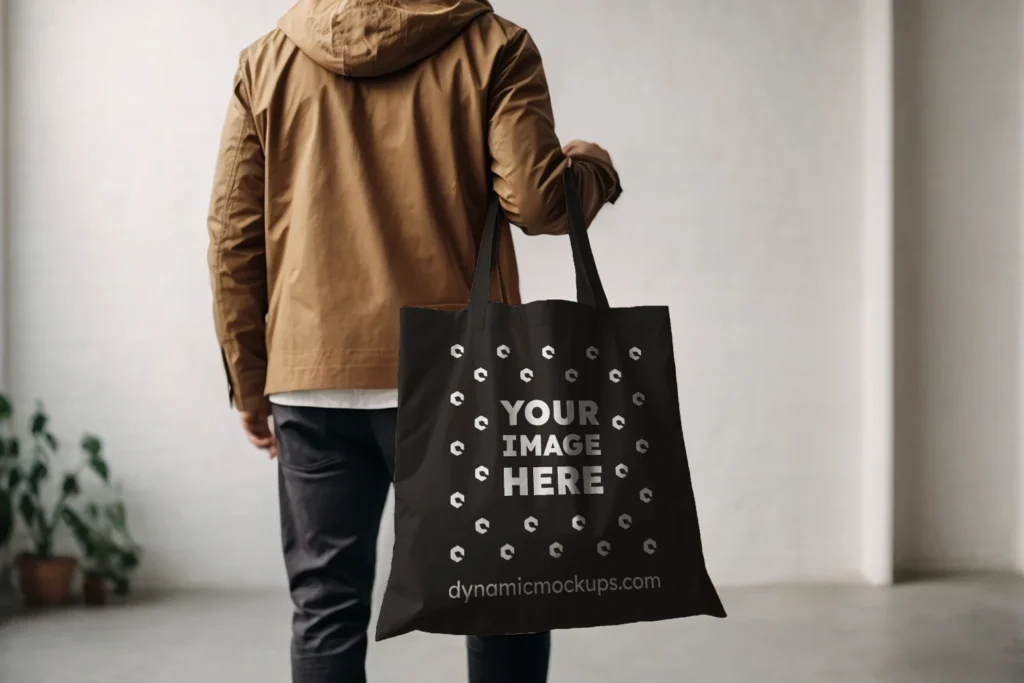 Man Holding Black Tote Bag Mockup Back View Template