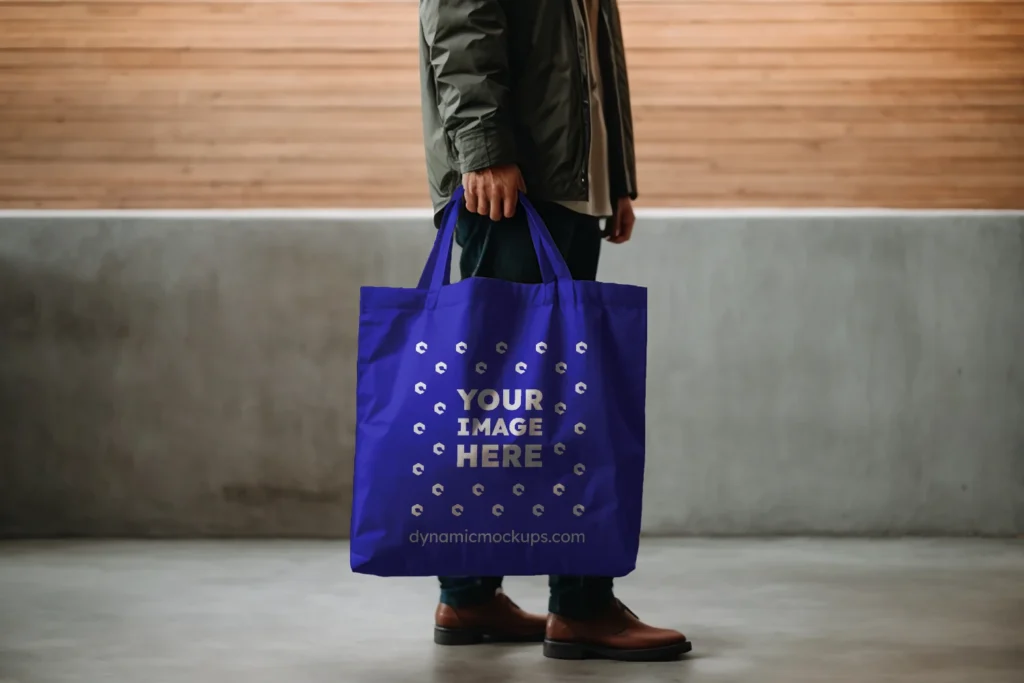 Man Holding Blue Tote Bag Mockup Side View Template