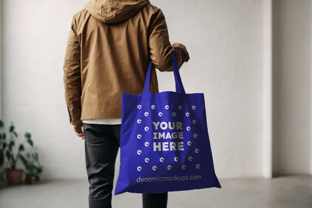 Man Holding Blue Tote Bag Mockup Back View Template