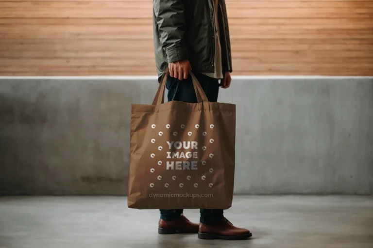 Man Holding Brown Tote Bag Mockup Side View Template