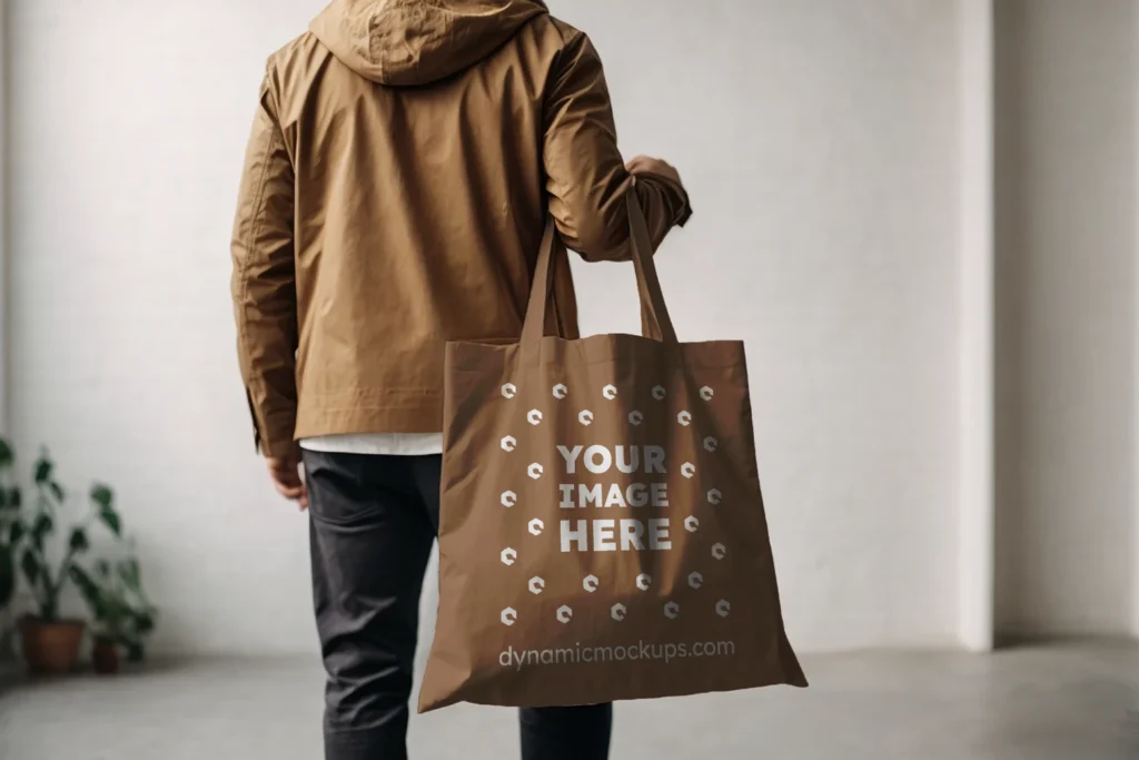 Man Holding Brown Tote Bag Mockup Back View Template