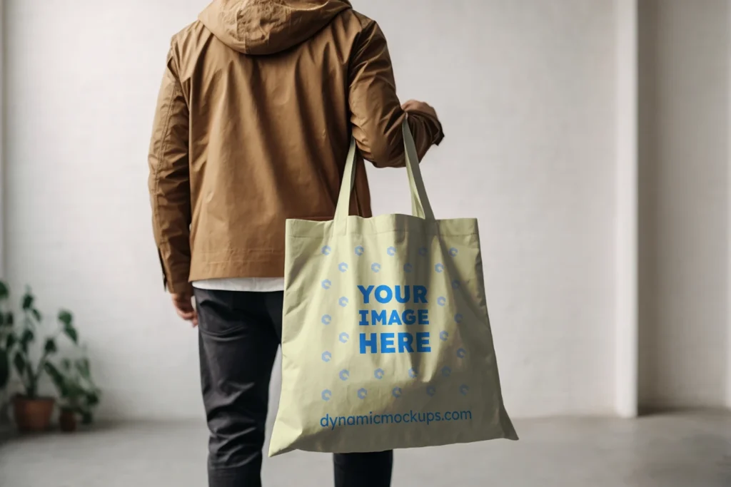 Man Holding Cream Tote Bag Mockup Back View Template