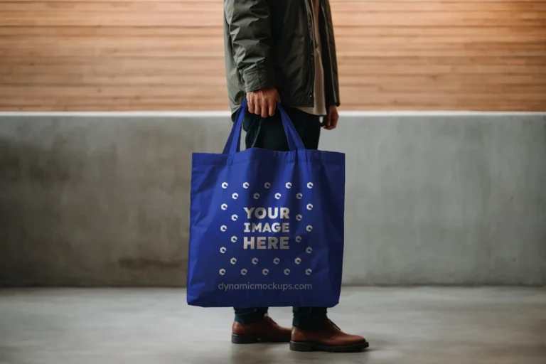 Man Holding Dark Blue Tote Bag Mockup Side View Template