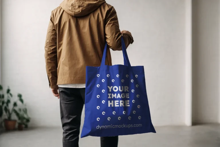 Man Holding Dark Blue Tote Bag Mockup Back View Template