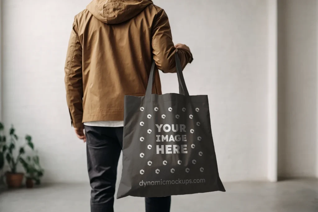 Man Holding Dark Gray Tote Bag Mockup Back View Template