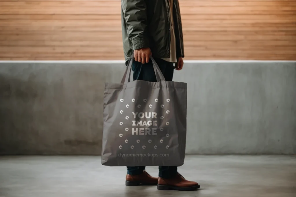 Man Holding Gray Tote Bag Mockup Side View Template