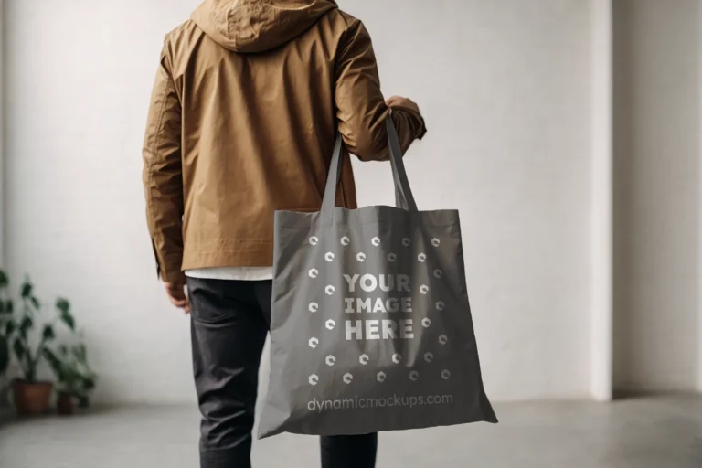 Man Holding Gray Tote Bag Mockup Back View Template