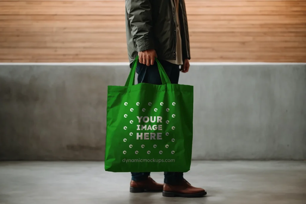 Man Holding Green Tote Bag Mockup Side View Template