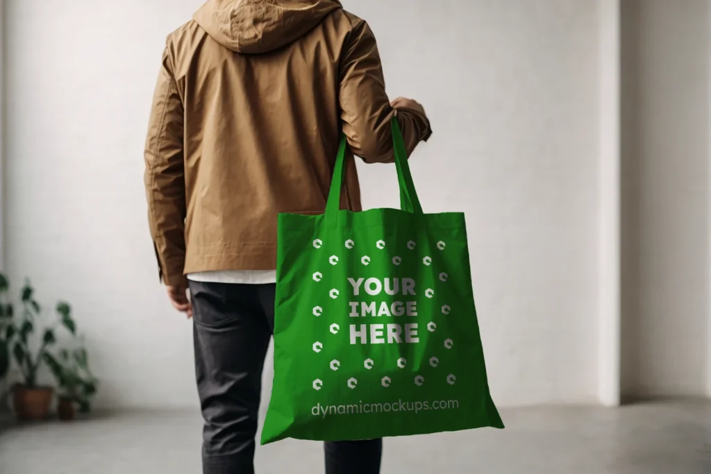 Man Holding Green Tote Bag Mockup Back View Template