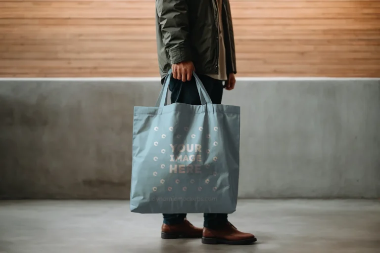 Man Holding Light Blue Tote Bag Mockup Side View Template