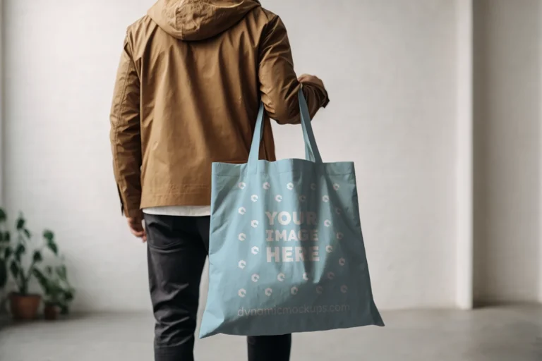 Man Holding Light Blue Tote Bag Mockup Back View Template