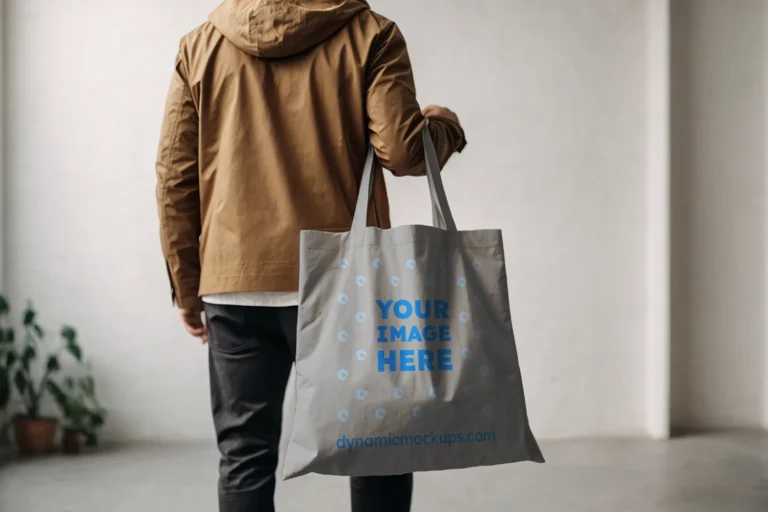 Man Holding Light Gray Tote Bag Mockup Back View Template