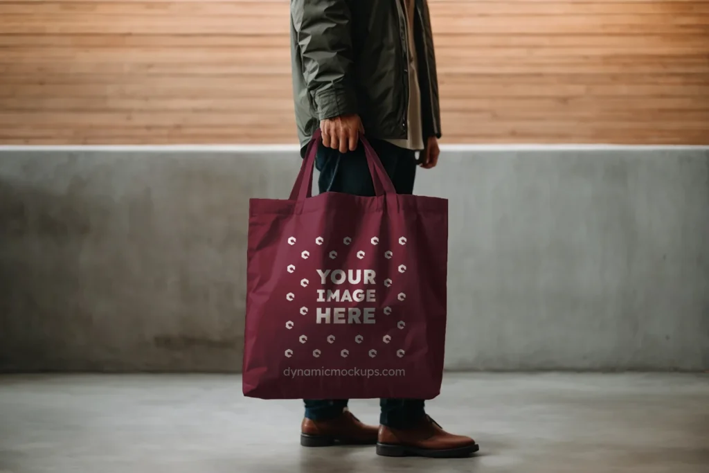 Man Holding Maroon Tote Bag Mockup Side View Template