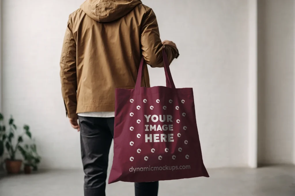 Man Holding Maroon Tote Bag Mockup Back View Template